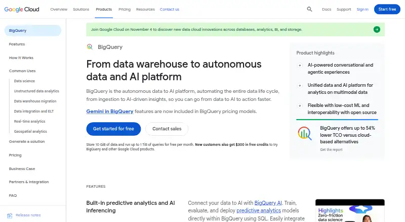 Google BigQuery home page