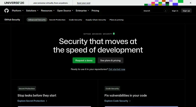 GitHub Advanced Security home page