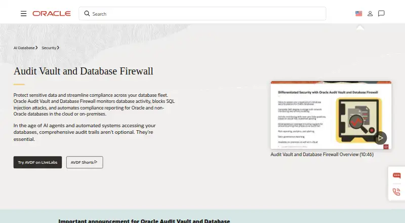 Oracle Audit Vault and Database Firewall home page