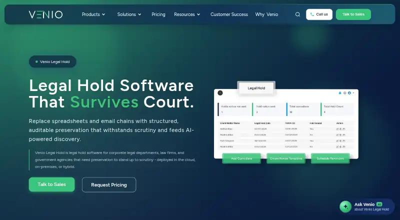 Venio Legal Hold home page