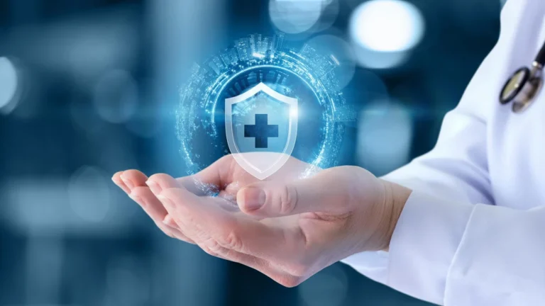 doctor s hand holding shield with plus