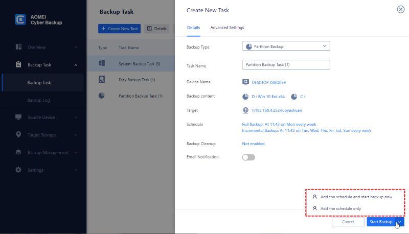 Click Start Backup