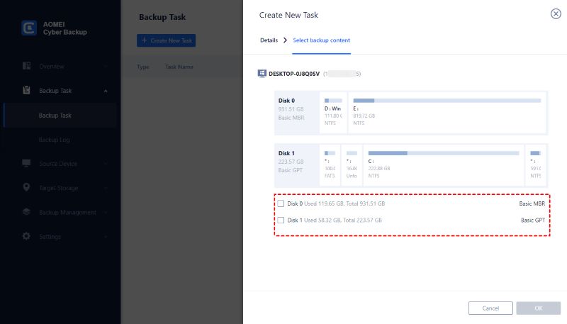 You can choose to Select backup content and then add disks manually.